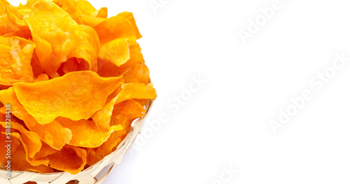 Sweet potato chips on white background.