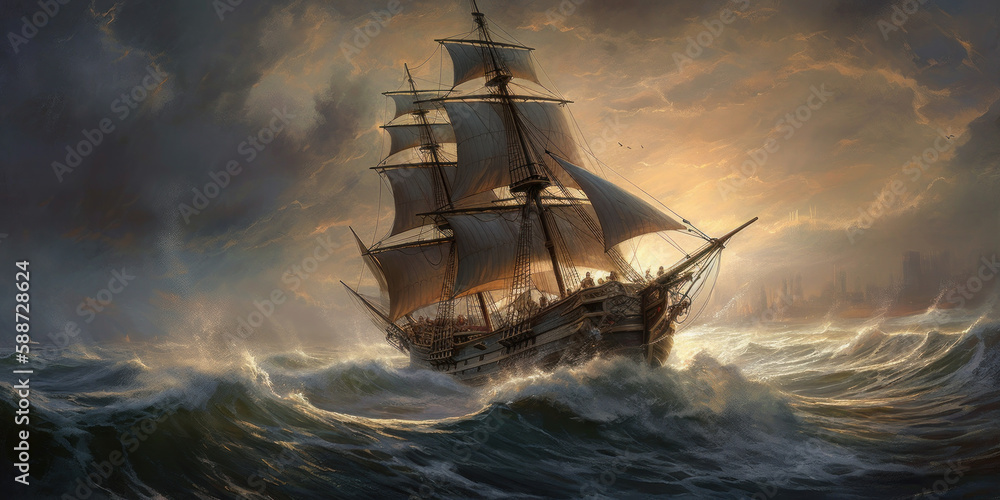 Against the Storm: The Unwavering Spirit of Sailors. A ship is sailing over rough waters with large waves. Generative AI