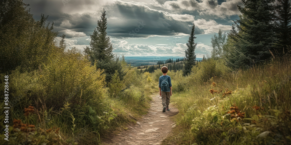 Fototapeta premium Trailblazing: Adventurous Boy Exploring the Great Outdoors. Generative AI