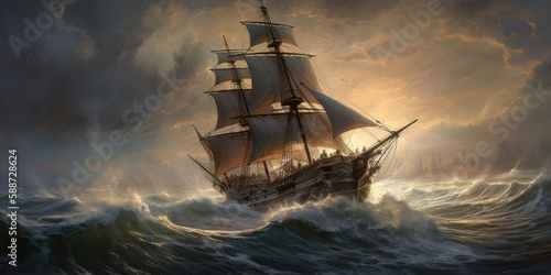 Against the Storm: The Unwavering Spirit of Sailors. A ship is sailing over rough waters with large waves. Generative AI