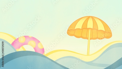 Summer sea postcard with the beach, waves. hello June! a flyer with a cute lifebuoy, umbrella © Kisandaya