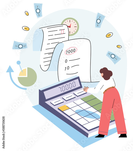 Financial consultant with documents for tax calculation and calculator. Person analyzes budget, accountant doing accounting and studying graphs. Investment and growth of income or profits of company
