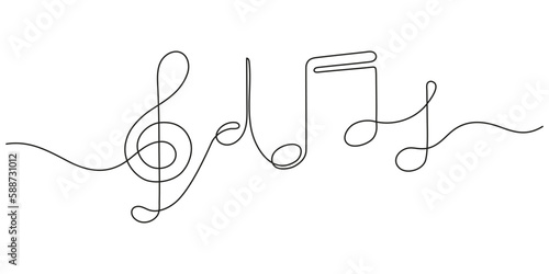 Music note and treble clef, continuous one art line drawing. Music concept. Hand drawn doodle sketch. Vector