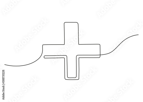 Medical cross one continuous art line drawing. Single black line. Medical help sign icon. Hand drawn doodle sketch. Vector