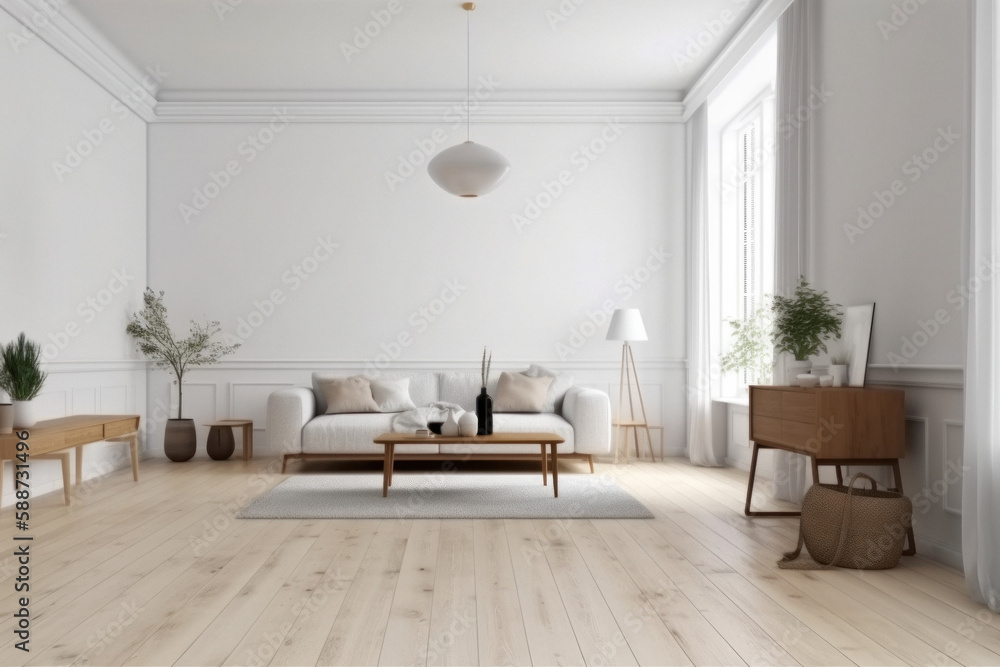 Modern Minimalist Scandinavian Living Room with Empty Wall Modern Minimalist Scandinavian Living Room with Empty Wall