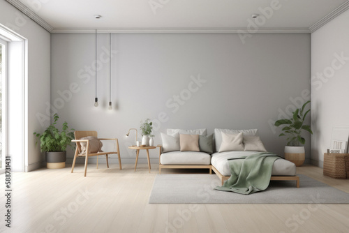 Modern Minimalist Scandinavian Living Room with Empty Wall