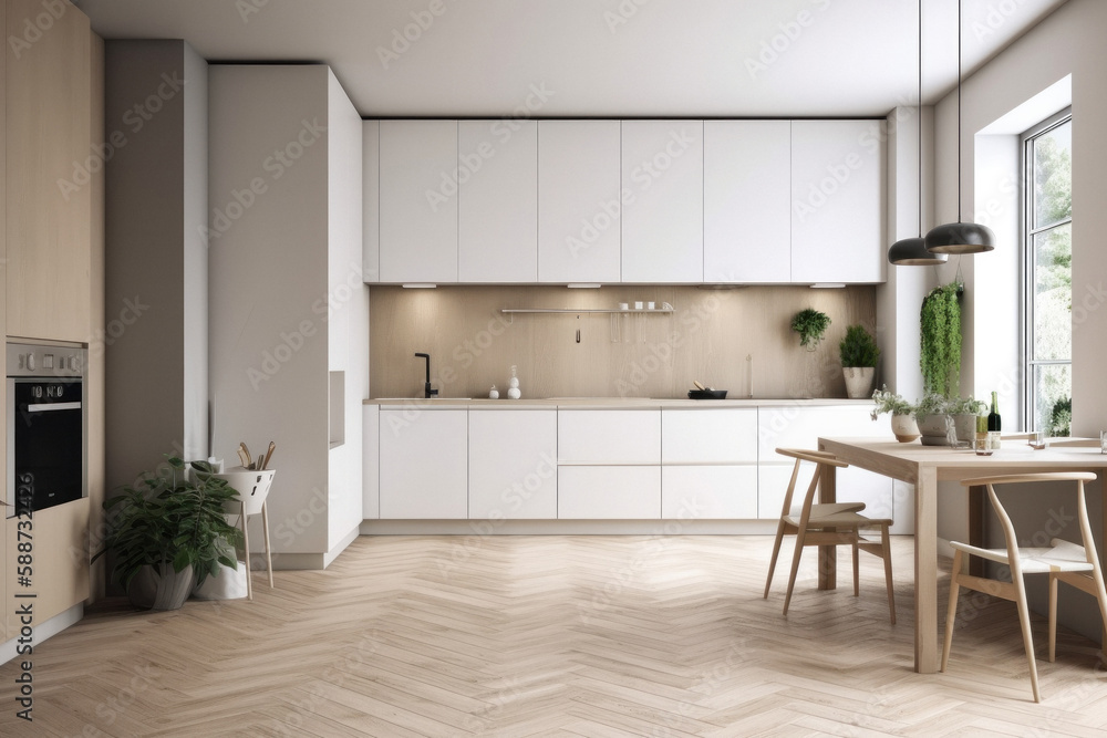 Fototapeta premium Modern Scandinavian Kitchen with Empty Wall