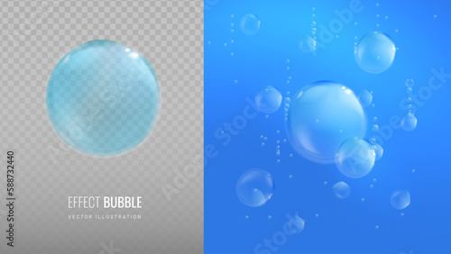 Water bubbles on transparent background vector illustration. A set of air bubbles under water of different sizes. Realistic light effect of fizzing soda and oxygen pattern