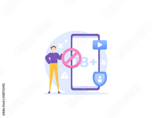 prohibition mark for not watching movies or adult content. protection of children from adult content shows. children's spectacle surveillance technology. illustration concept design. Vector Elements