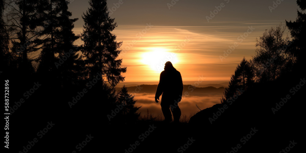 Fototapeta premium Bigfoot silhouette at sunrise. Generative AI