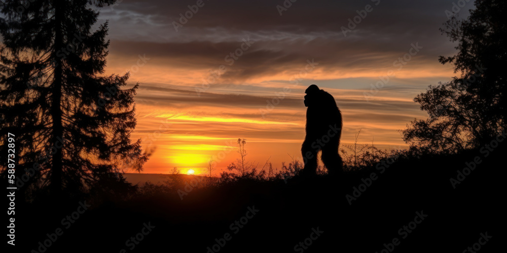 Bigfoot silhouette at sunset. Generative AI