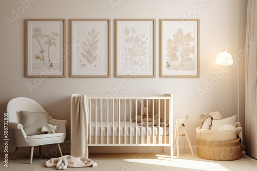 Modern Minimalist Bright Nursery Room with Picture Frames