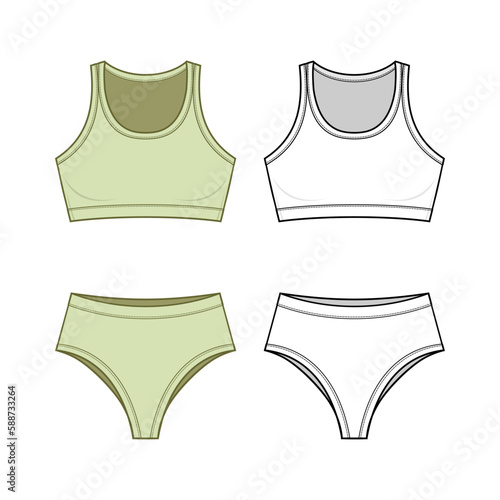 Crop Top Sports Bra and panty fashion flat technical drawing template. Underwear Set technical fashion Illustration, front and back view, white, women, CAD mockup set.
