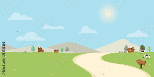 Local road through the village to hills at countryside landscape in sunny day vector illustration. Livestock farm and house on hill with clear sky in summer season.
