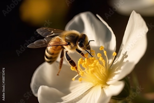 A close-up of a honey bee pollinating a flower. Generative AI