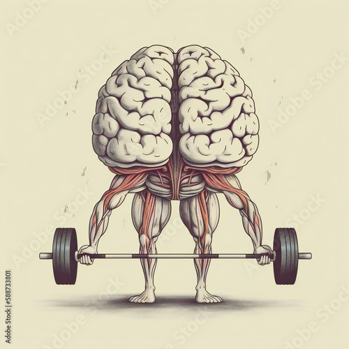 Illustration of a human brain with hands and legs lifting weights, generative AI