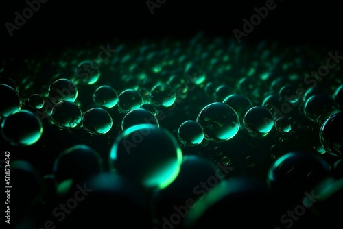 Water bubbles illuminated with green light in a dark environment, generative AI