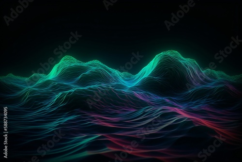 Colorful glowing neon waves with lines in black background, generative AI