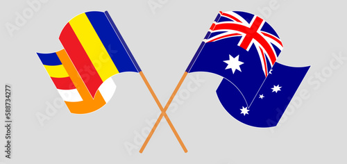 Crossed and waving flags of Buddhism and Australia