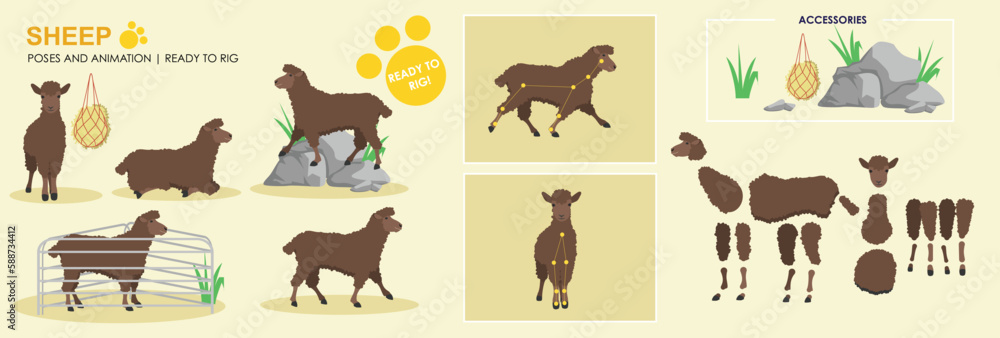 Brown Sheep, lamb, Farm animals, ready to rig vector for animation, collection poses and angles, farm animal cartoons.