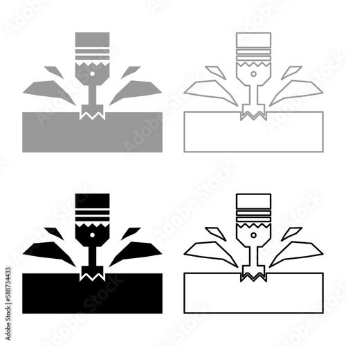 CNC milling machine material metalworking cutter plunger metalwork industry lathe plunge power tool technology tooling carving shavings set icon grey black color vector illustration image solid fill 