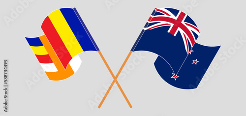 Crossed and waving flags of Buddhism and New Zealand