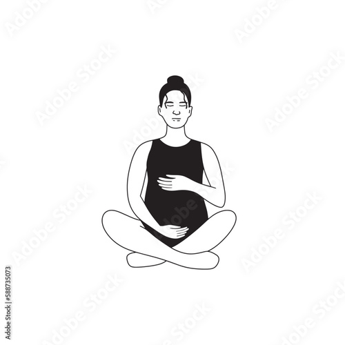 Pregnant woman doing yoga exercise. Asana for health and body relaxation. Hand drawn illustration isolated on white background.