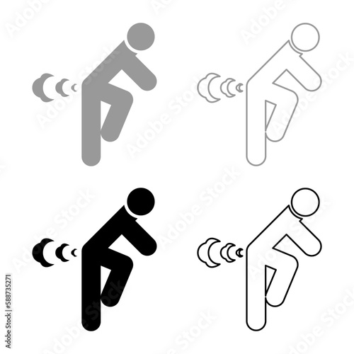 Man farts break wind farting bloating gas cloud stench bad smell flatulency set icon grey black color vector illustration image solid fill outline contour line thin flat style