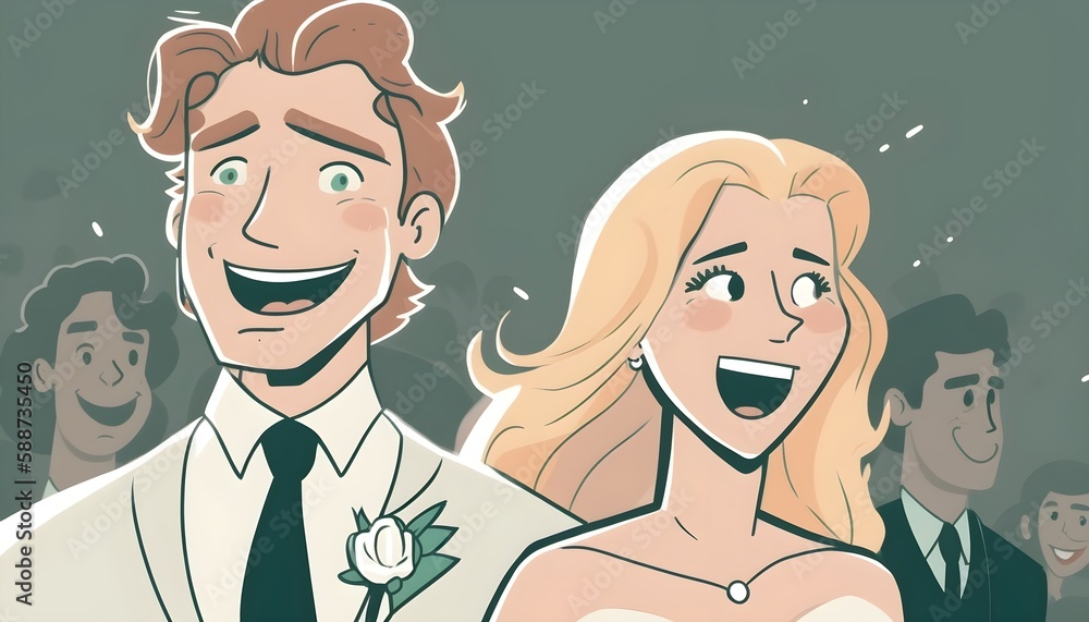 White just married couple, bride and groom, cartoon illustration, white bride and groom in fashionable clothing getting married. Wedding Ceremony, Contemporary white Groom and Bride Characters White just married couple, bride and groom, cartoon illustration, white bride and groom in fashionable clothing getting married. Wedding Ceremony, Contemporary white Groom and Bride Characters