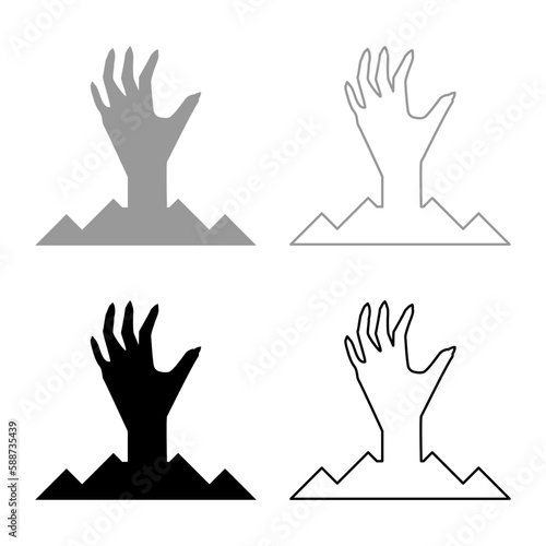 Scary human hand from ground silhouette dead man's Halloween decorative element zombie concept spooky clawed paw sharp nails bony arm fingers man undead set icon grey black color vector illustration 