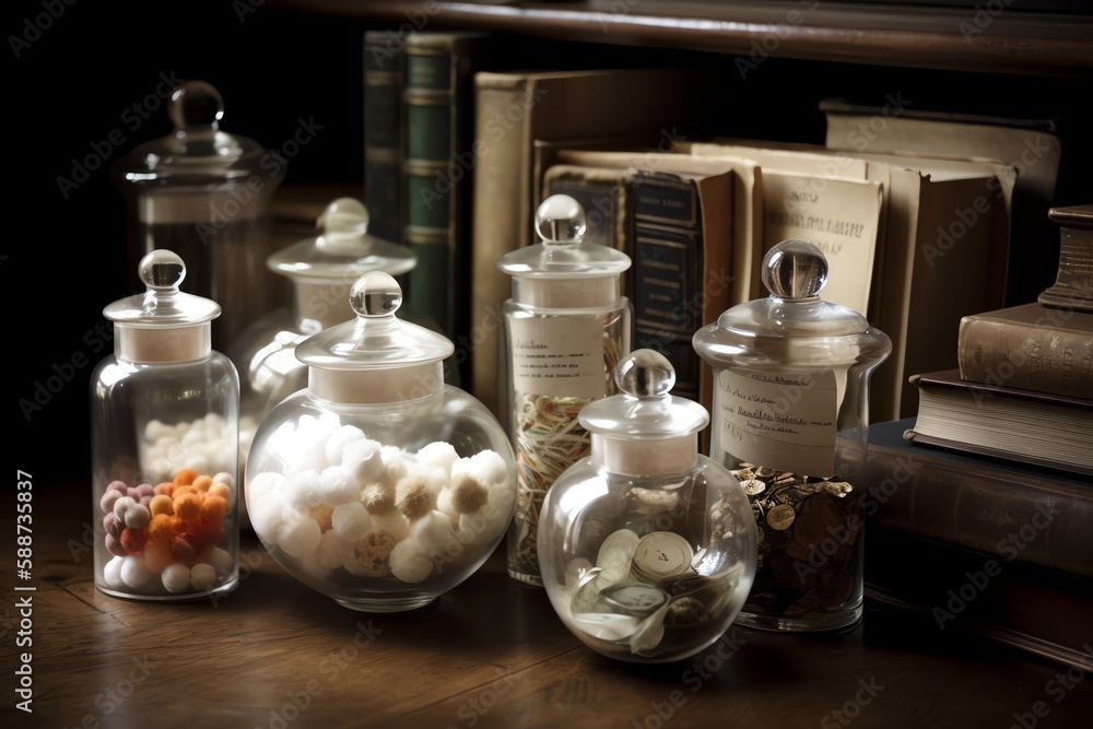 Apothecary jars. Old pharmacy jars. Concept of aromatherapy, homeopathy, alternative medicine. Generative AI Apothecary jars. Old pharmacy jars. Concept of aromatherapy, homeopathy, alternative medicine. Generative AI