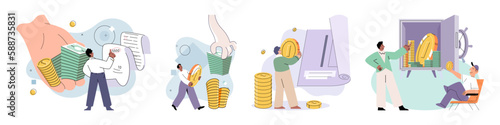 Businessman investor with coins. Employee or entrepreneur puts money in secret safe, calculates profit. Financial literacy and passive income, successful investor. Person stands holding bank card