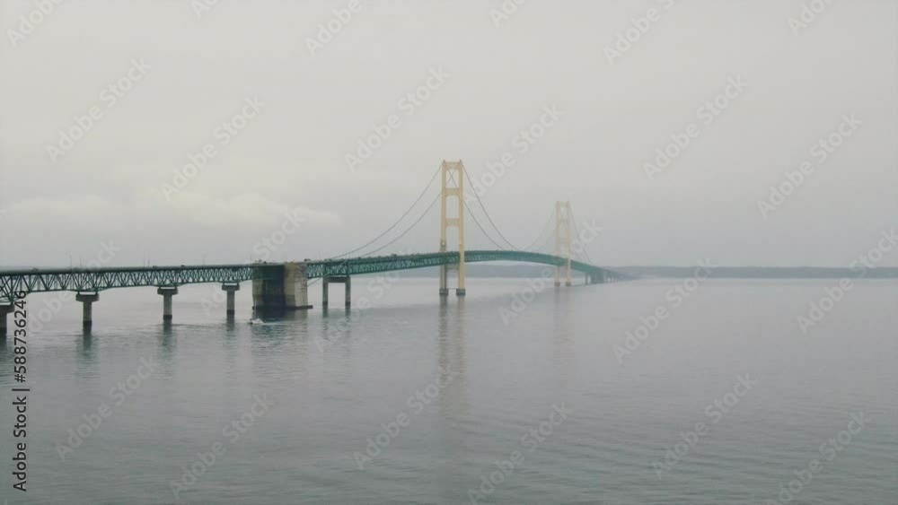 Mackinaw Bridge Fog Rain peaceful cars crossing Zoom pan right spin Great Lakes up north Michigan summer Mackinaw Bridge Fog Rain peaceful cars crossing Zoom pan right spin Great Lakes up north Michigan summer