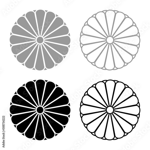 Coat of arms of Japan nippon imperial Seal central disc with 16 petals national emblem set icon grey black color vector illustration image solid fill outline contour line thin flat style