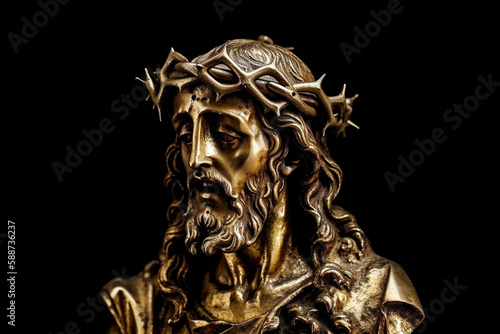 Jesus Christ golden or gold statue with thorns. Christianity messiah or saviour most important figure. Crucifiction and resurrection religious faith symbol. Ai generated