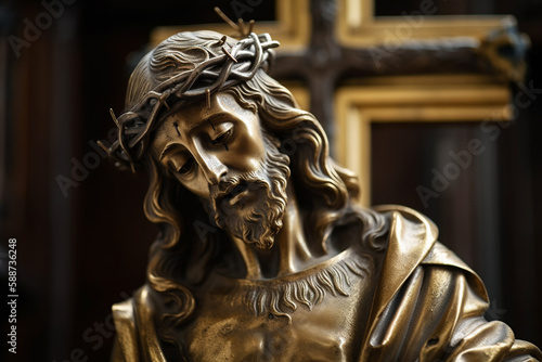 Jesus Christ golden or gold statue with thorns. Christianity messiah or saviour most important figure. Crucifiction and resurrection religious faith symbol. Ai generated © dragomirescu