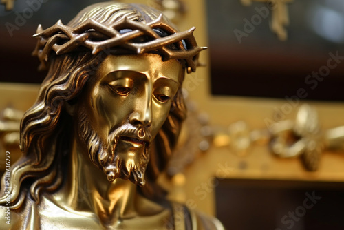 Jesus Christ golden or gold statue with thorns. Christianity messiah or saviour most important figure. Crucifiction and resurrection religious faith symbol. Ai generated