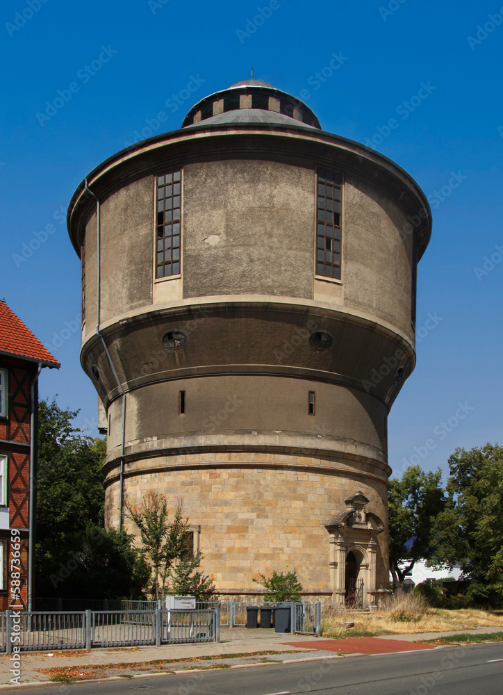 Big historical water tower with neo-renaissance portal in Halberstadt city, Germany