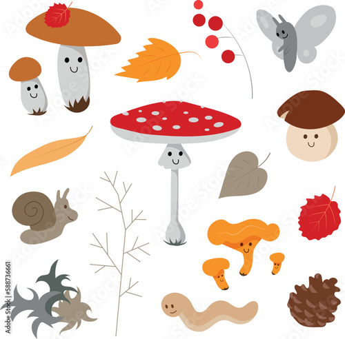 Cozy cute colorful autumn forest floor with mushrooms plants creatures vector collection on white

