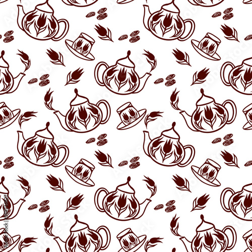 Iftar arrangement with teapot, cups and dried dates. Seamless pattern. Ramadan vector illustration. Greeting cards, holiday banners, invitations.