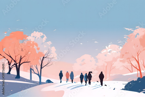 Happy People in a Snowy Landscape. Generative AI