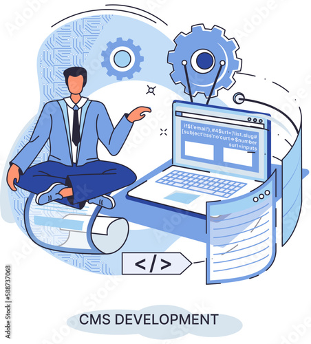 Digital content management system, CMS development software metaphor. Information system or computer program enable organize collaborative process of creating, editing and managing soft in network