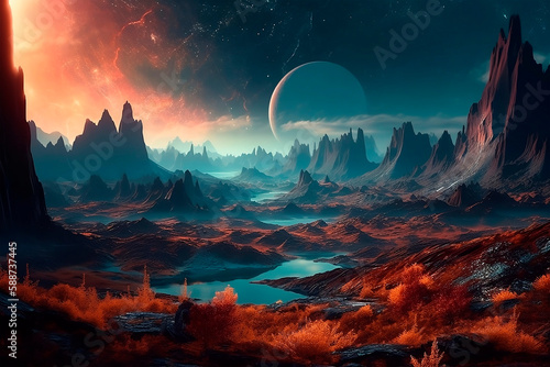 Exoplanet surface, landscape with mountains, stars and reddish vegetation. Illustration of cosmos. Created using generative AI.