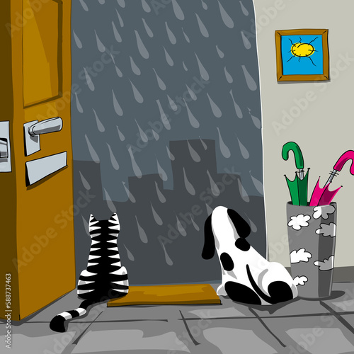 Un perro y un gato en su hogar miran hacia afuera en un día de intensa lluvia mientras se sienten protegidos por su casa. De espaldas ante la puerta abierta y llueve mucho.