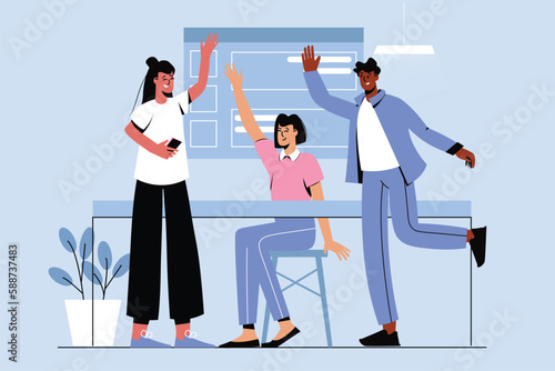 Happy people standing together blue concept with people scene in the flat cartoon design. Company of friends work together and have fun. Vector illustration.