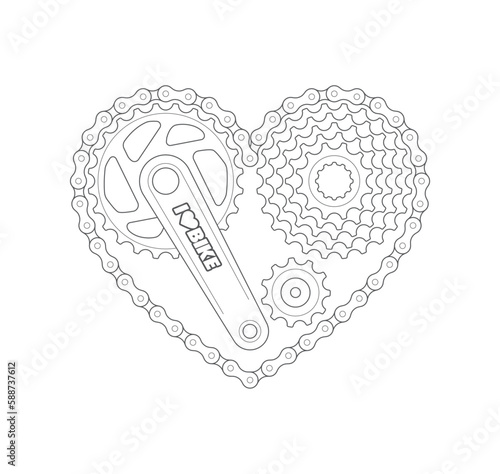Vector black line symbol heart with bicycle crank, chain and cassettes. Isolated on white background
