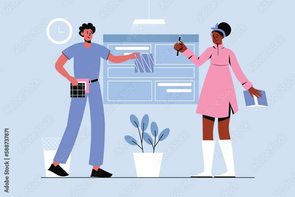Design studio blue concept with people scene in the flat cartoon design. Two designers discuss the style of new pictures for the projects. Vector illustration. Design studio blue concept with people scene in the flat cartoon design. Two designers discuss the style of new pictures for the projects. Vector illustration.