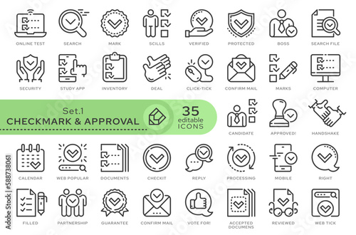 Set of conceptual icons. Vector icons. Set from the series - Approval and Checkmark. Editable outline icon.. Web icons in outline linear style..	 	