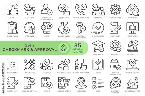 Set of conceptual icons. Vector icons. Set from the series - Approval and Checkmark. Editable outline icon.	
