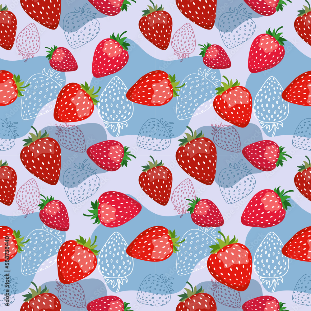 Seamless vector pattern with red strawberries on a blue background with spots in a flat style. Ideal for print, wrapping paper, wallpaper, fabric, design. Seamless vector pattern with red strawberries on a blue background with spots in a flat style. Ideal for print, wrapping paper, wallpaper, fabric, design.